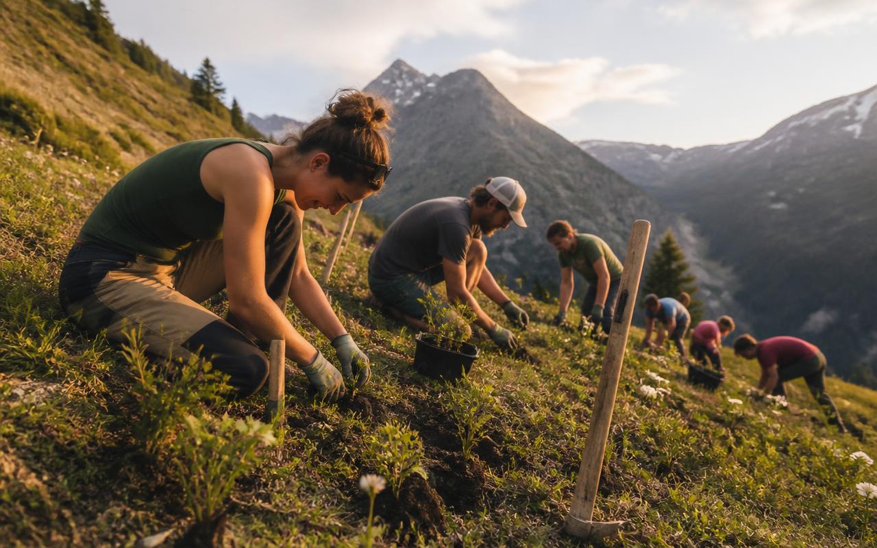 Volontari che piantano fiori selvatici su un pascolo alpino al tramonto
