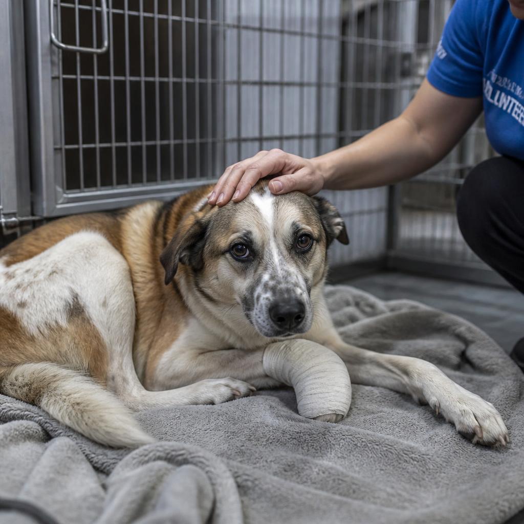 Cane con la zampa fasciata su una coperta, accarezzato da una volontaria