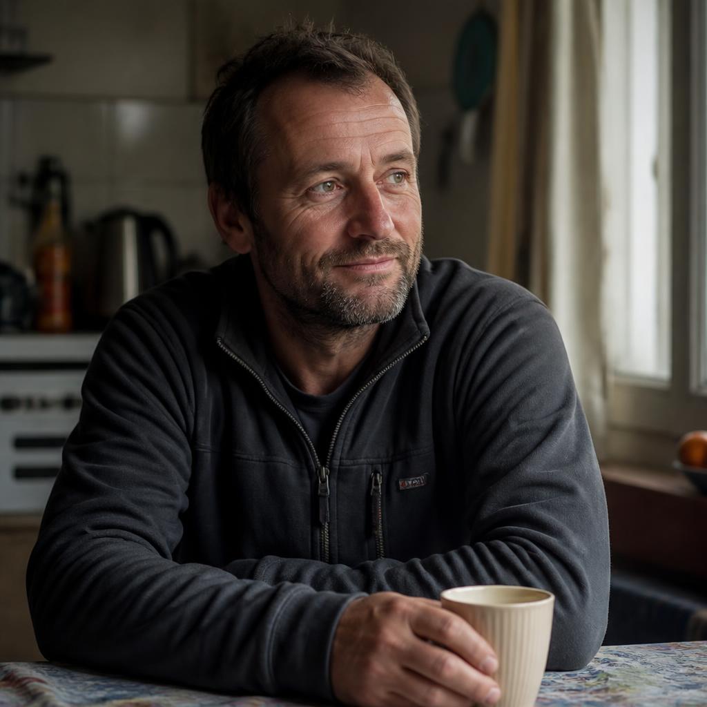 Ritratto di Marco seduto al tavolo di cucina con una tazza di caffè