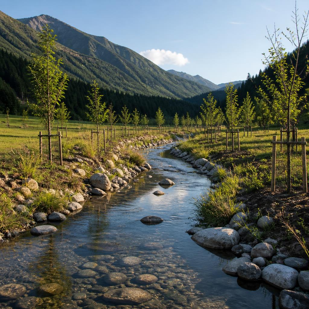 Ruscello alpino risanato con giovani alberi lungo le sponde
